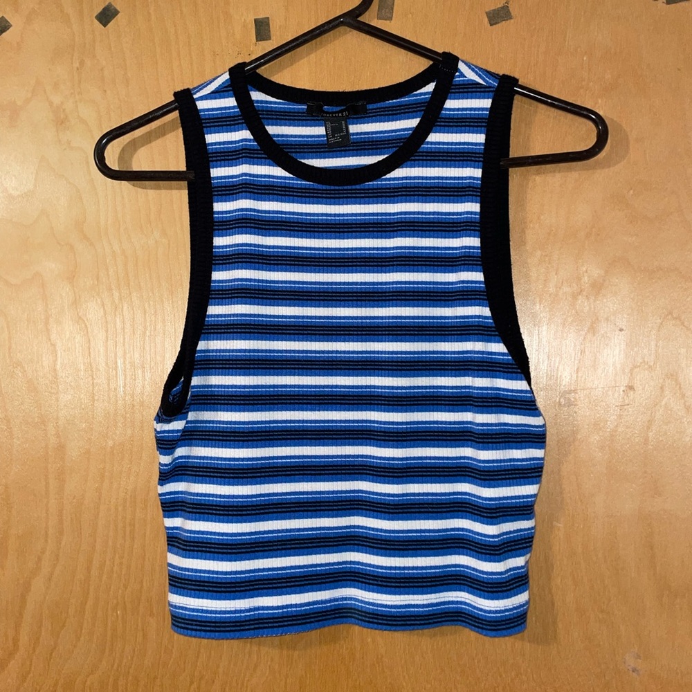 Blue, Black and White Striped Tank Crop Top